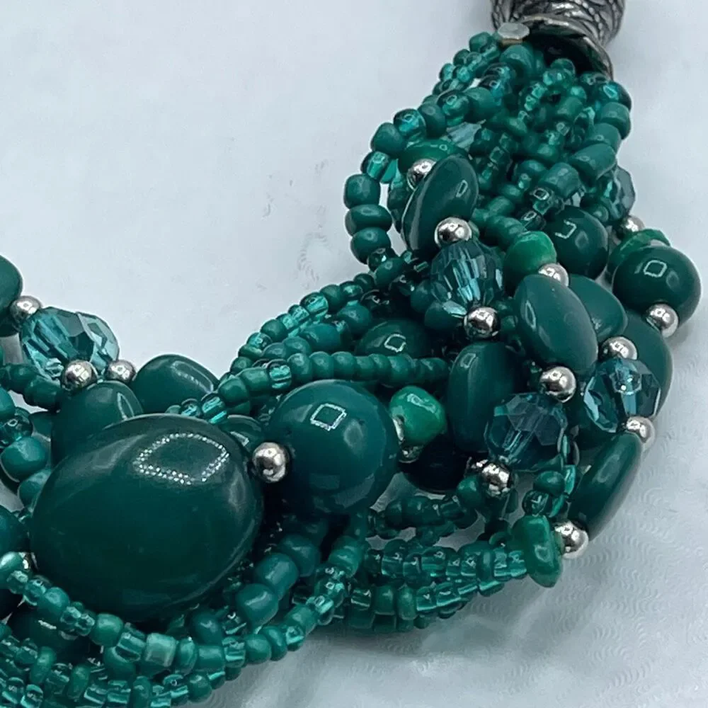 Vintage boho festival green silver multi layer necklace.